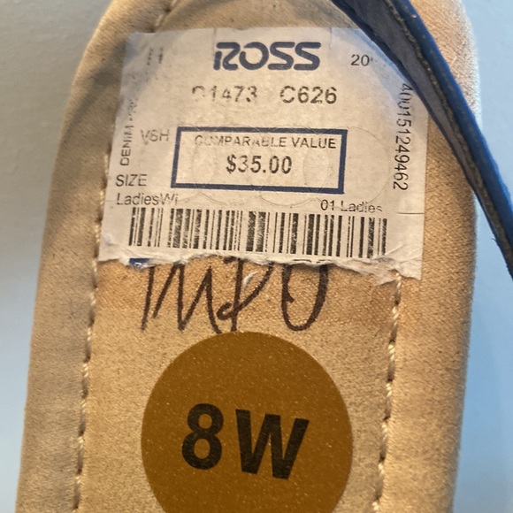 Blue and silver tone low wedge sling back thong sandals 8 W - Picture 8 of 11